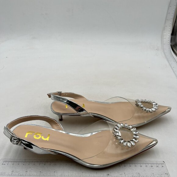 FSJ Women's Silver Heels Dress Shoes Wedding Shoes, Bride Silver Rhinestone - Picture 3 of 7